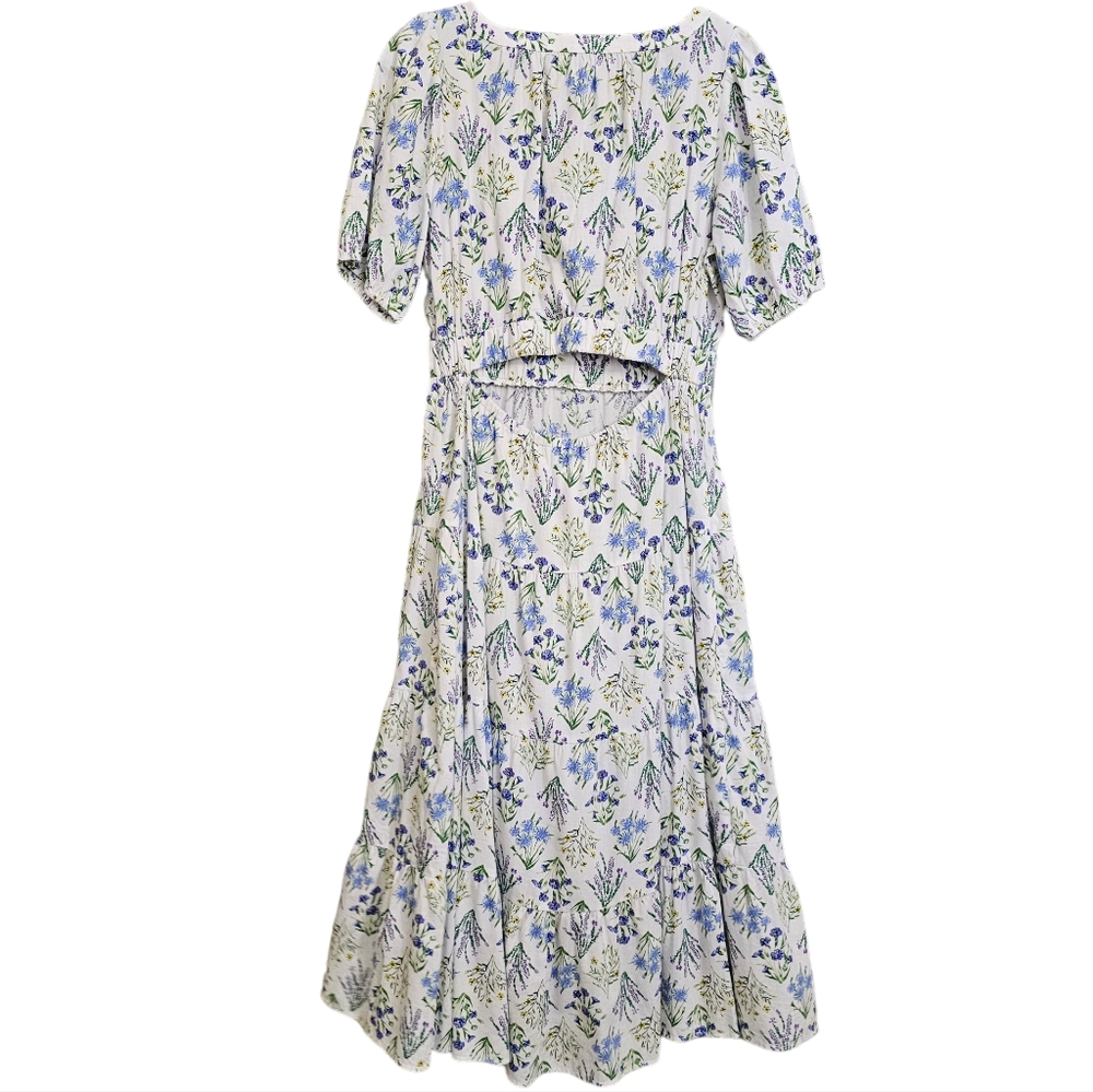 Nwot LOFT  White /Blue/Lavender Floral Puffed Sleeve Back Cutout Tier Midi Dress - Picture 14 of 16